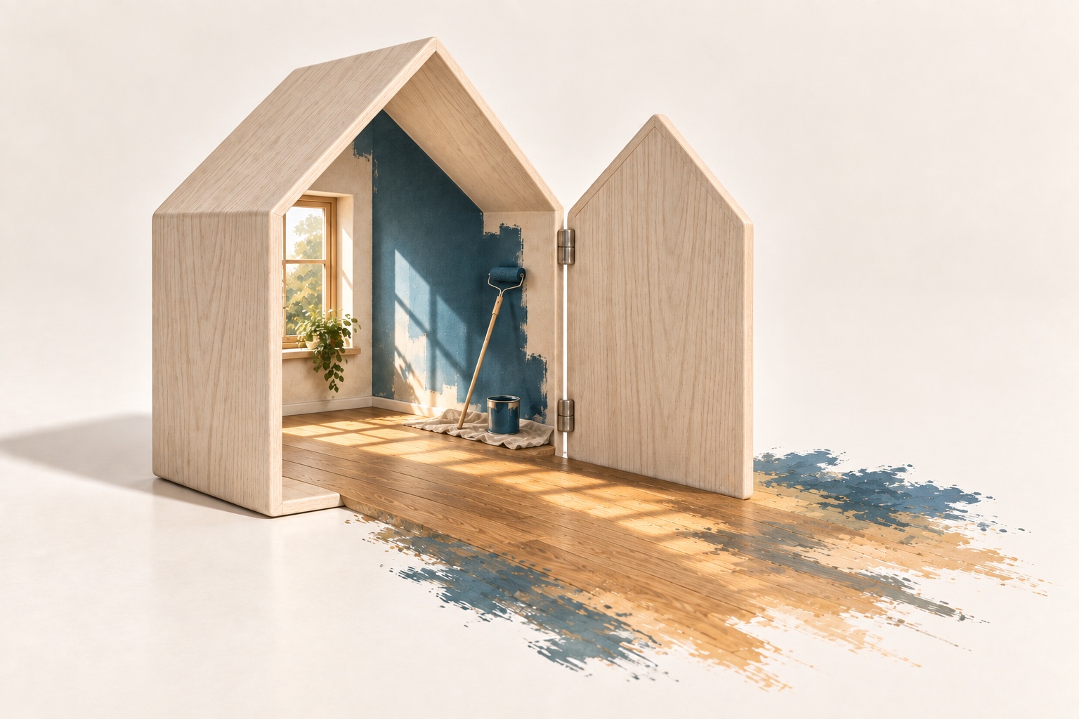 An open ash-wood house revealing a sunlit renovation scene